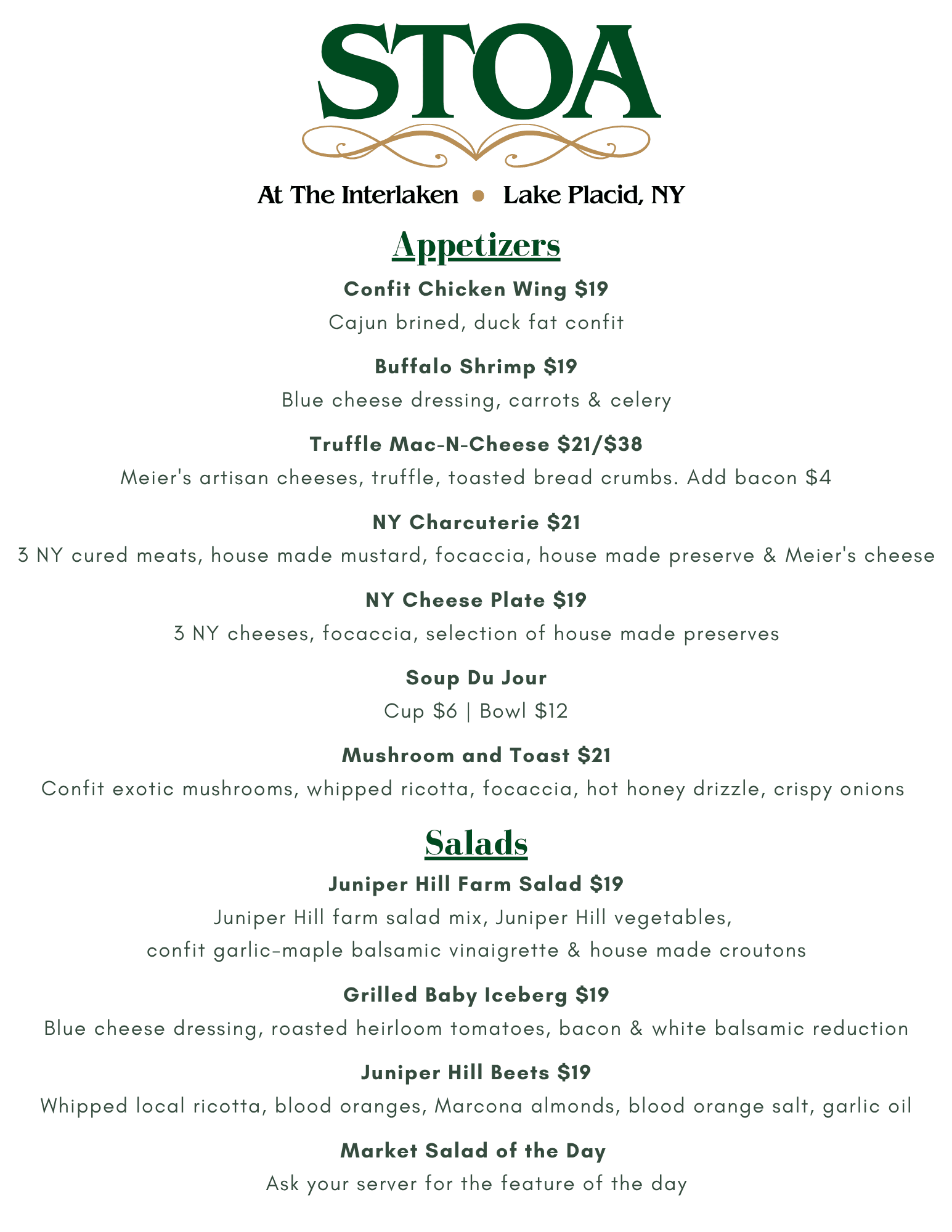 Menu for STOA at The Interlaken in Lake Placid, NY, featuring appetizers and salads with prices.
