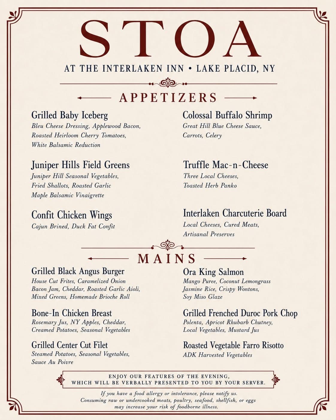 Menu features for STOA at the Interlaken Inn in Lake Placid, NY, highlighting appetizers and mains.