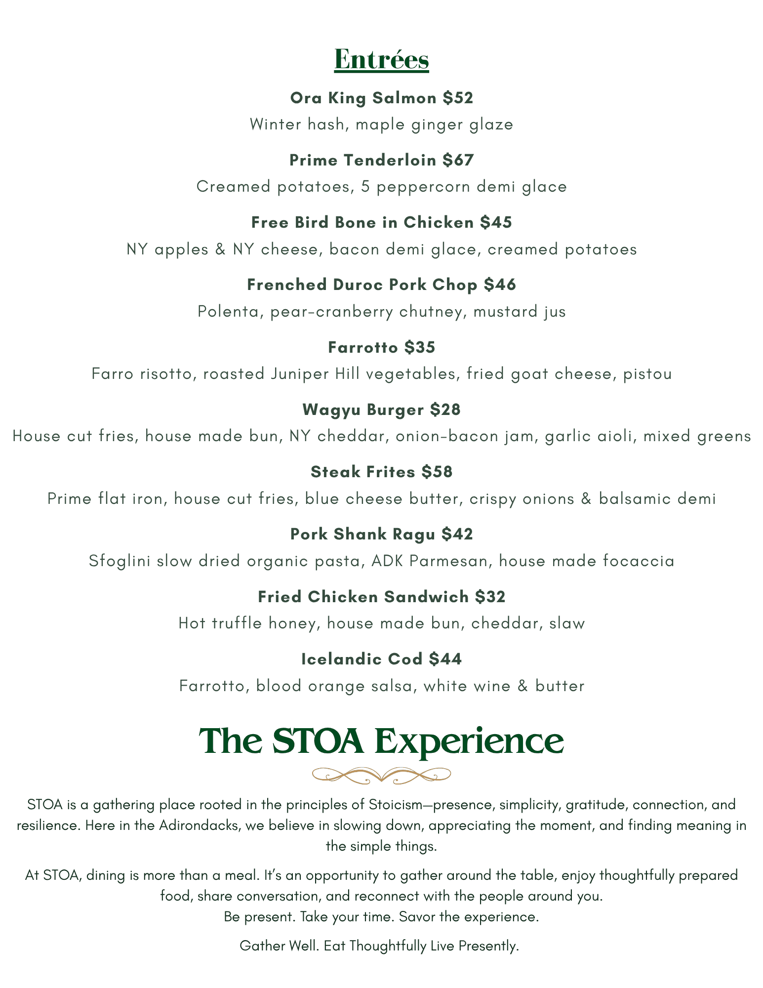 Menu featuring various entrées with prices, including dishes like Ora King Salmon, Prime Tenderloin, and Wagyu Burger, along with a description of the STOA dining experience.
