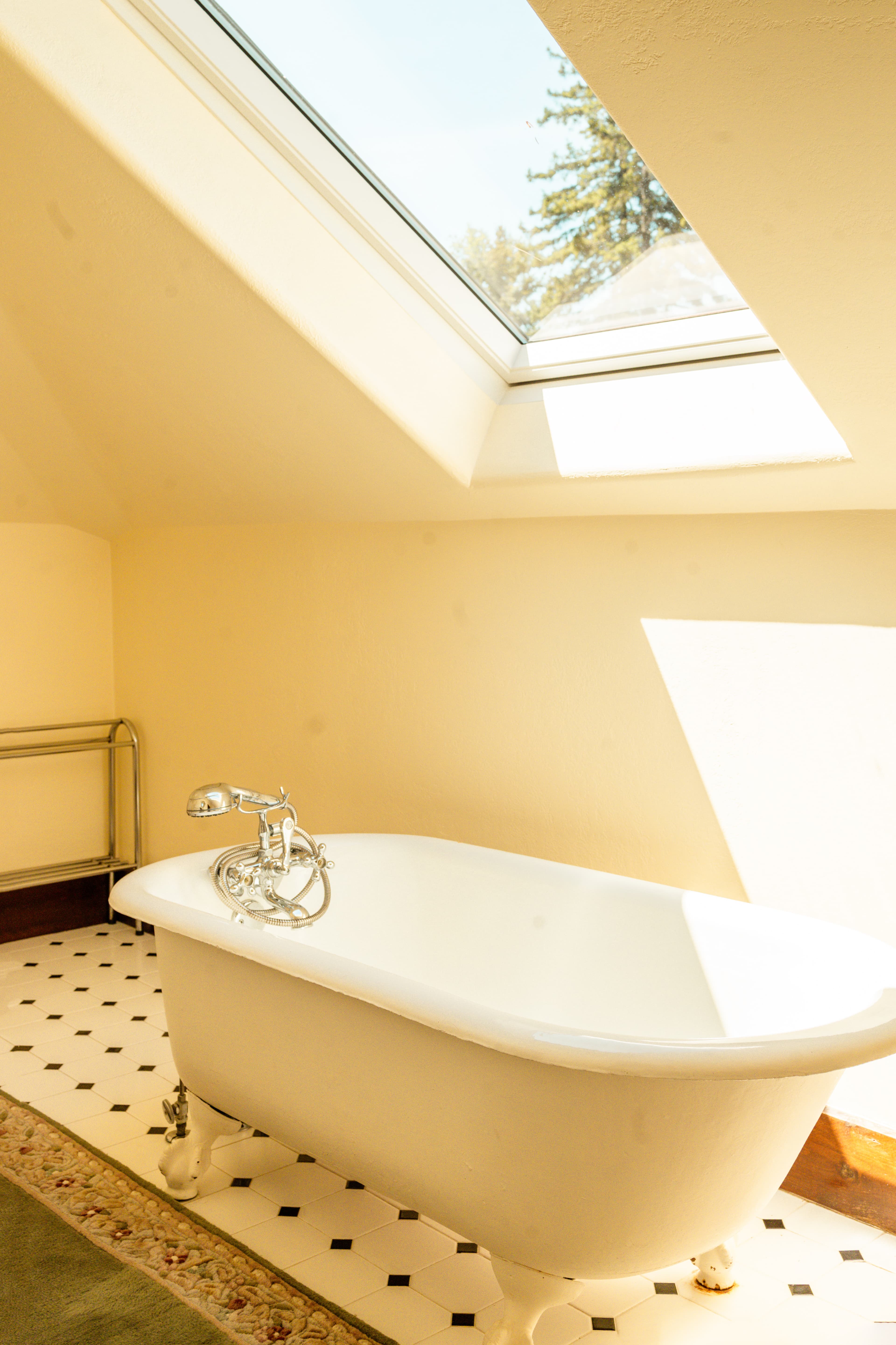 A bright, airy bathroom featuring a vintage bathtub beneath a skylight.