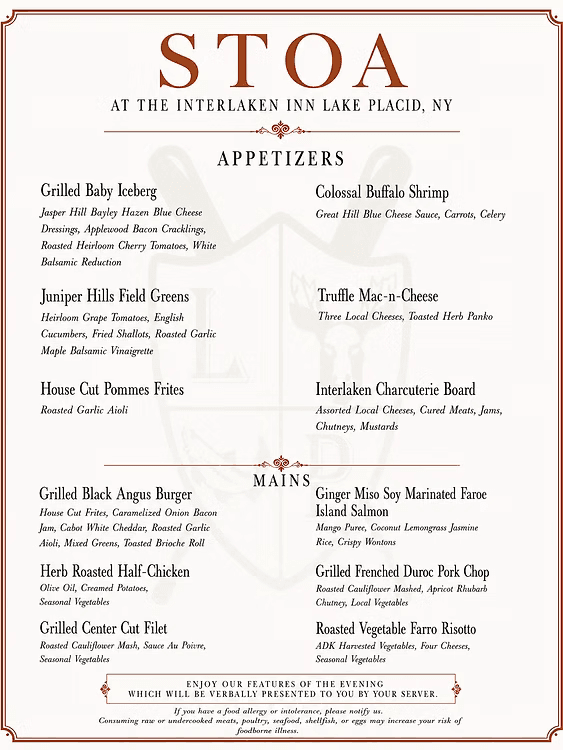 A menu for STOA restaurant featuring appetizers and main courses at the Interlaken Inn in Lake Placid, NY.